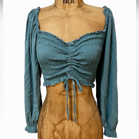Forever 21 Tops - Forever 21 Off Shoulder Crop Ruched Long Sleeve Top Blue Sm